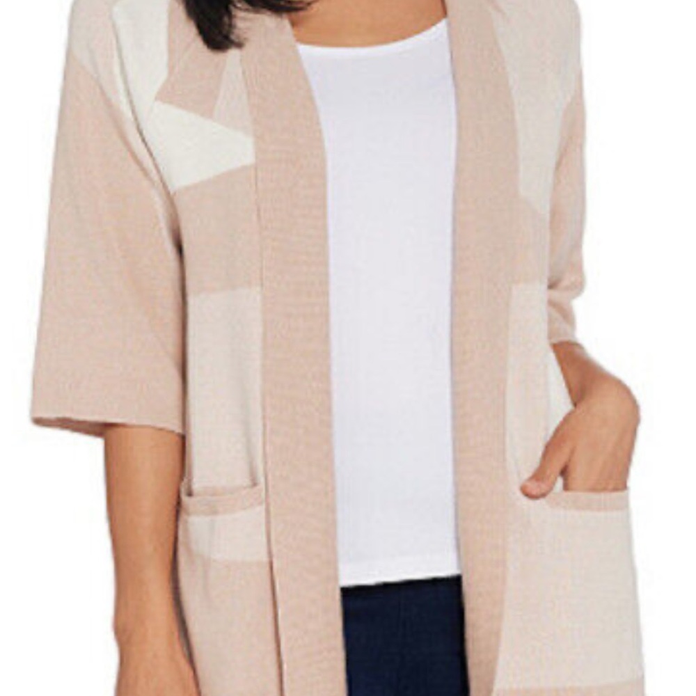 H by Halston short sleeve, plaid, open front, shawl collar cardigan. Size XXS
